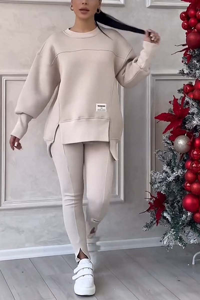 Fashionable Irregular Long-sleeved Sweatshirt and Elastic Waist Pants Set