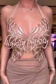 Timeless Beauty Gold Metallic Butterfly Back Lace-up Halter Tank