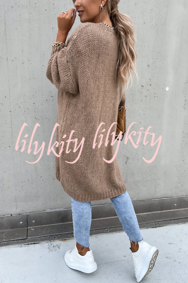 Solid Color V-neck Knitted Long-sleeved Oversized Midi Cardigan