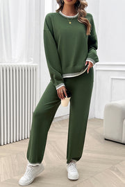 Home Casual Contrasting Color Knitted Sweater and Elastic Waist Loose Pants Set