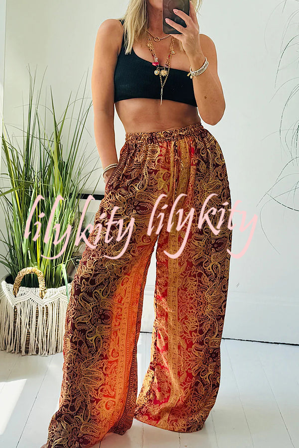 Vintage Boho Ethnic Print High Rise Elastic Drawstring Waist Pocketed Loose Pants
