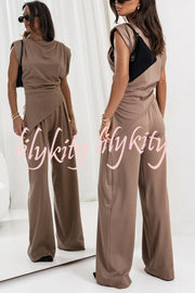 Jordy Ruched Shoulder Slit Top and Elastic Waist Pocketed Wide Leg Pants Set