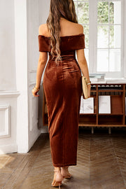 Solid Color Velvet Off-shoulder Slim-fit Elegant Slit Midi Dress