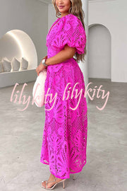 Solid Color V-neck Waist Slim Fit Hollow Lace Maxi Dress