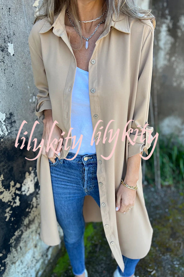 Solid Color Lapel Long Sleeve Button Casual Long Shirt