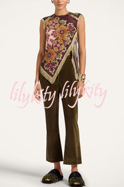 Stunning Floral Print Asymmetric Tassel Trim Scarf Top