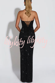 Mirabella Sequin Pleated Cowl Scooped Neckline Back Lace-up Strapless Maxi Dress