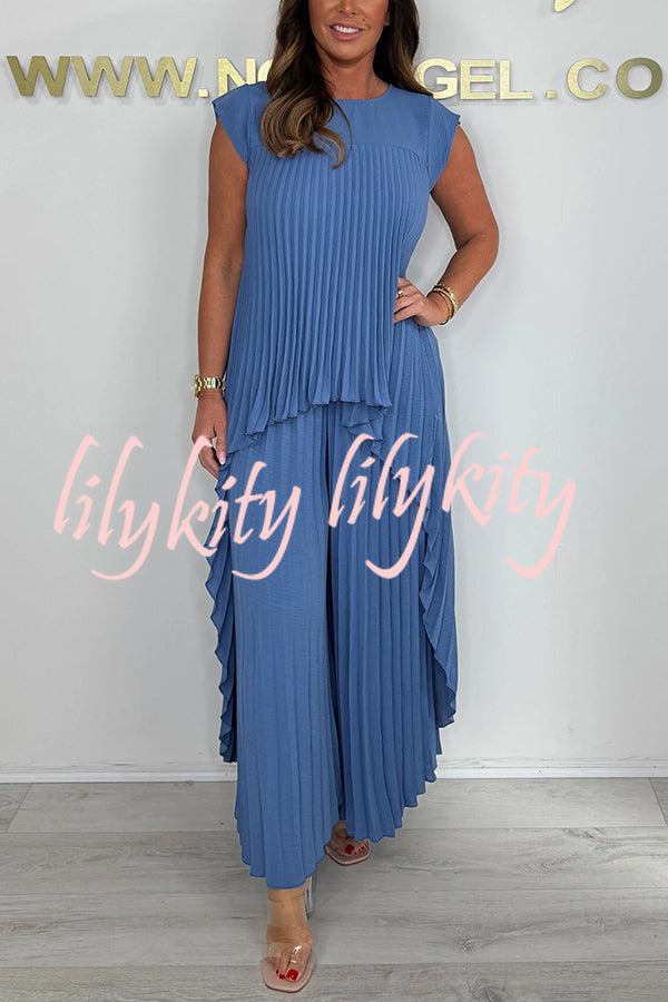 Laney Pleated Short Sleeve Irregular Midi Top and Elastic Waist Wide Leg Pants Set