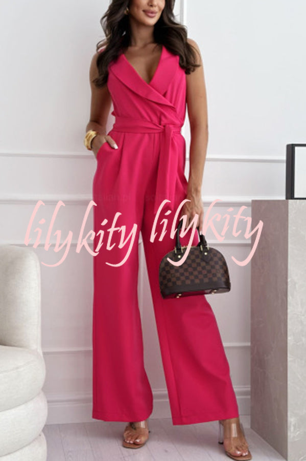 Make Your Entrance Lapel Belt Pocketed Wide Leg Formal Jumpsuit