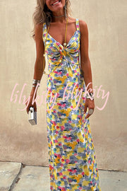 Flora Watercolor Print Crossover Neck Wide Straps Stretch Maxi Dress