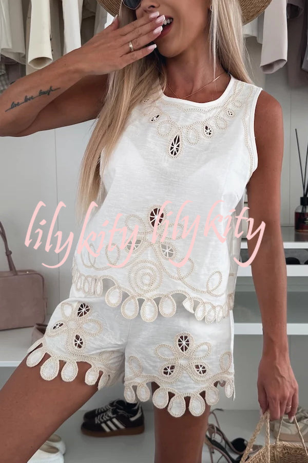 Angie Embroidery Cut-out Sleeveless Top and Elastic Waist Loose Shorts Set