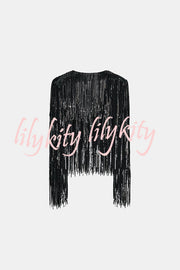 Party Crasher Layered Sequined Tassels Long Sleeve Loose Jacket
