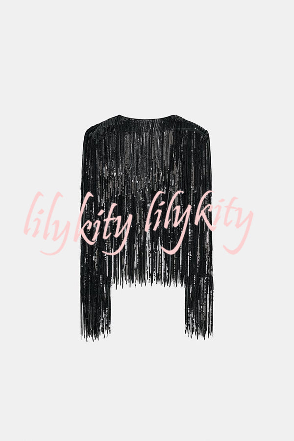 Party Crasher Layered Sequined Tassels Long Sleeve Loose Jacket