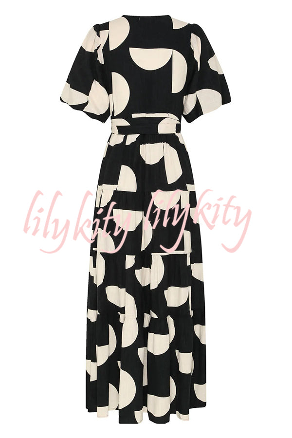 Unique Printed V-neck Puff Sleeves Tie Waist Midi Dress