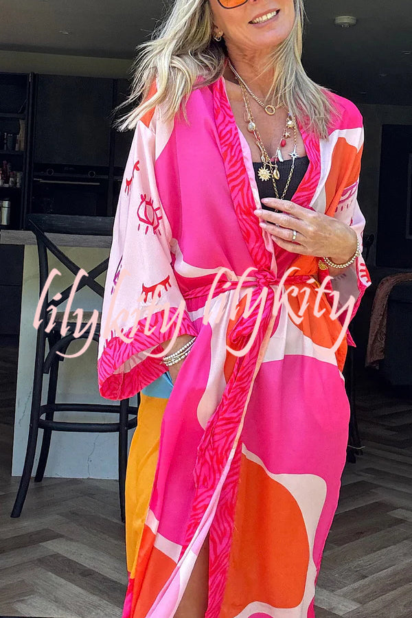 Elevate Beach Style Unique Print Long Sleeve Belted Pocket Cover-up Kimono