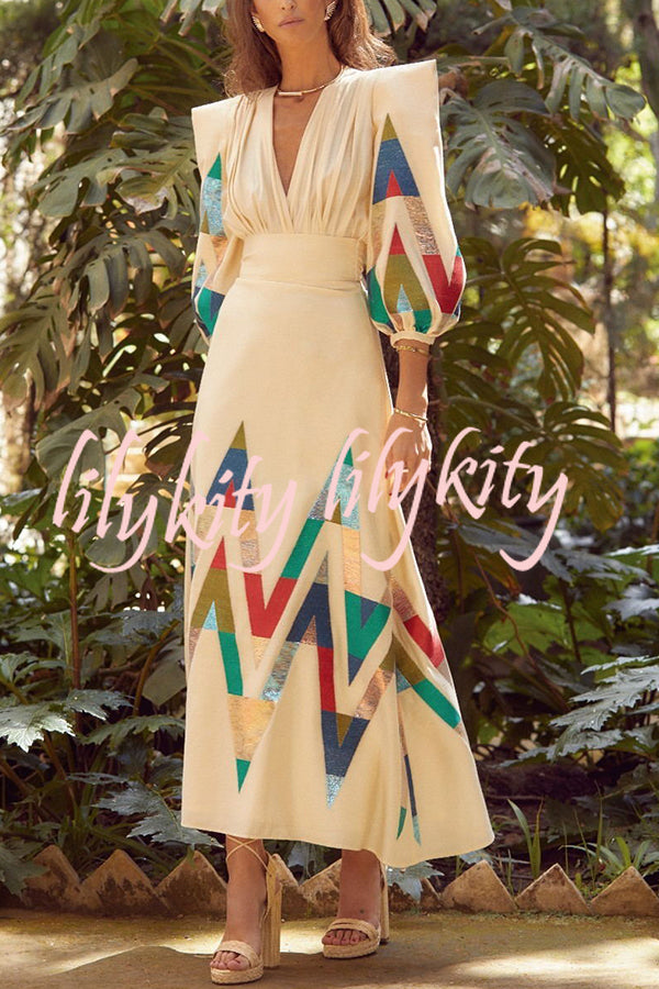 Highest Elegance Colorful Triangle Print Padded Shoulder Blouse and High Rise Maxi Skirt Set