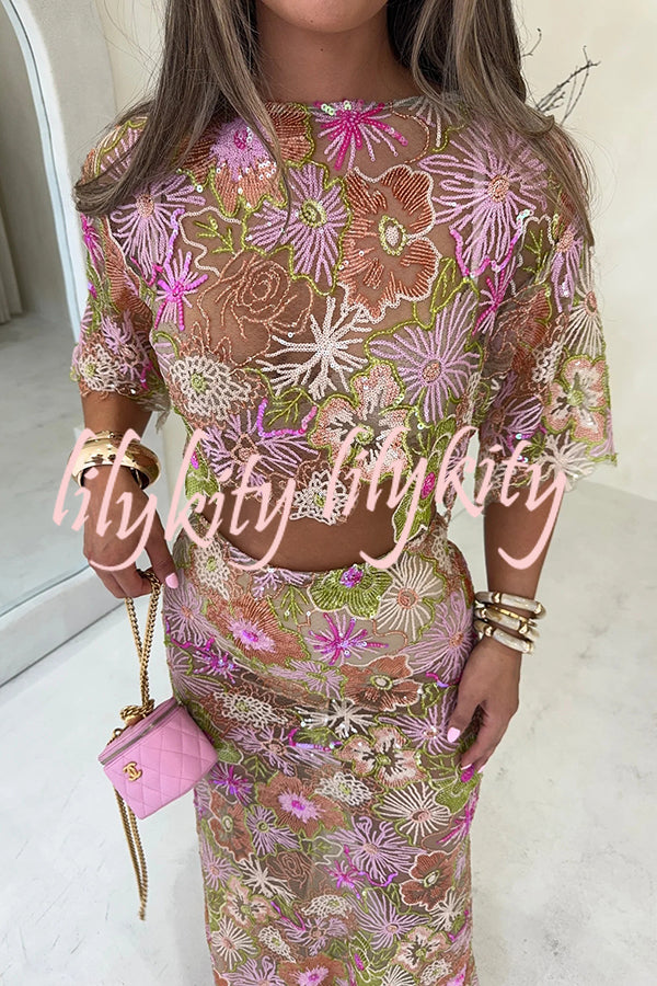 Fashionable Embroidered Flower Sequined Crop Top and Elegant Sheer Maxi Skirt Set