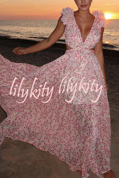 Lost in The Melody Chiffon Printed Flutter Sleeve Cutout Back Lace-up Maxi Dress