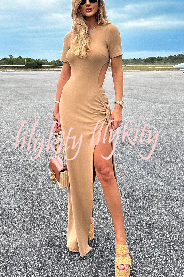 Holiday Party Ribbed Knit Cutout Waist Straps Slit Maxi Dress