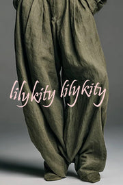 Linen Blend Lapel Long-sleeved Casual Shirt and High-waist Pocket Loose Wide-leg Pants Set