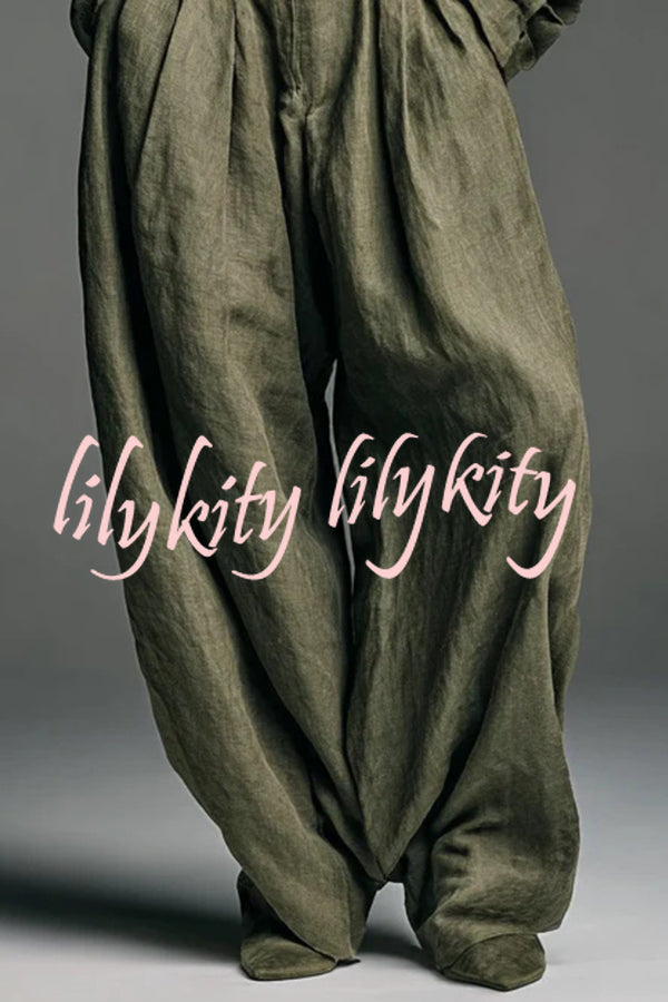Linen Blend Lapel Long-sleeved Casual Shirt and High-waist Pocket Loose Wide-leg Pants Set