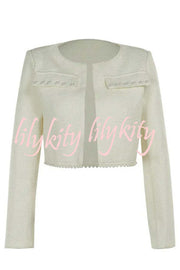 Stylish and Elegant Tweed Pearl-embellished Long-sleeved Jacket