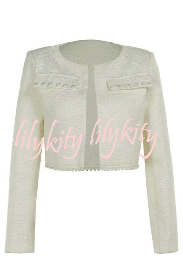 Stylish and Elegant Tweed Pearl-embellished Long-sleeved Jacket