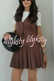 Solid Color Sleeveless Buttoned Vest and High-waisted Pleated Mini Skirt Set