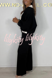 Fashion Contrast Color V-neck Loose Cardigan and Elastic Waist Casual Pants Set