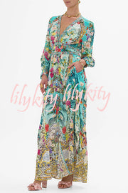Fairy Tale Print V-Neck Lantern Sleeve Waist Maxi Dress