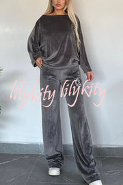 Solid Color Velvet Round Neck Bat Sleeve Casual Top and Elastic Waist Loose Pocket Pants Set