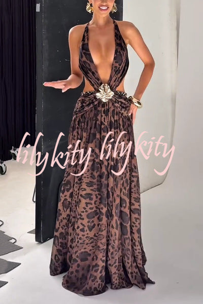 Kinara Leopard Print Deep V-neck Metal Flower Hollow Beads Detail Slit Maxi Dress