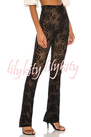 Romance Detail Flower Pattern Mesh Elastic Waist Stretch Flare Pants