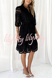 Solid Color Lace Cutout Balloon Sleeves and Waist Tie Mini Dress