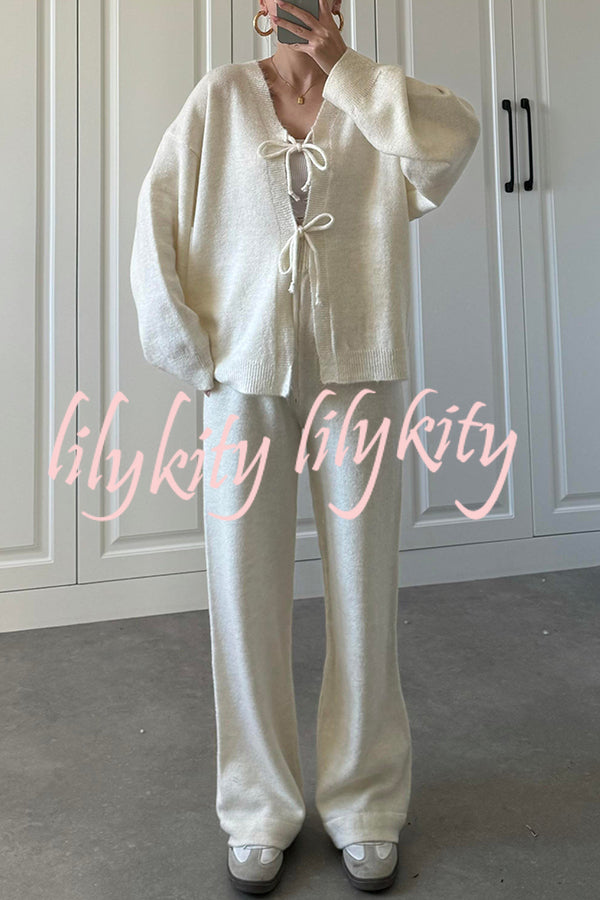Solid Color V-neck Tie Long-sleeved Loose Knit Cardigan and Elastic Waist Casual Straight Leg Pants Set
