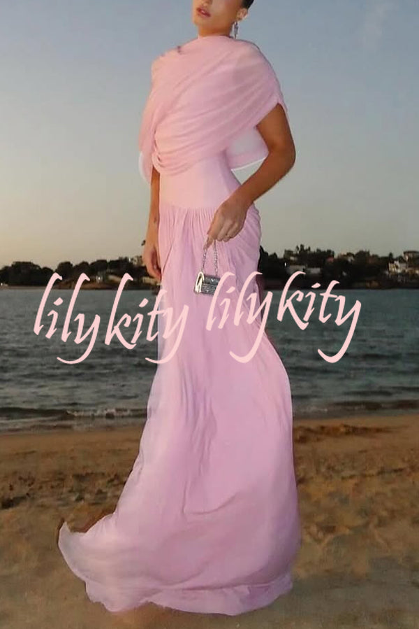 Elegant Mesh Cape-style Pleated Draped Maxi Dress
