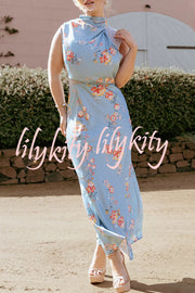 Anabelle Satin Lace Detail Floral Print High Cowl Neck Maxi Dress