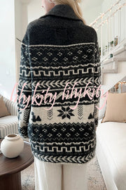 Winter Snowflake Waist Tie Lapel Midi Pocket Knit Cardigan