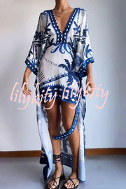 Chic Palm Tree Ethnic Print Fake Two Piece Lace Up Maxi Dress