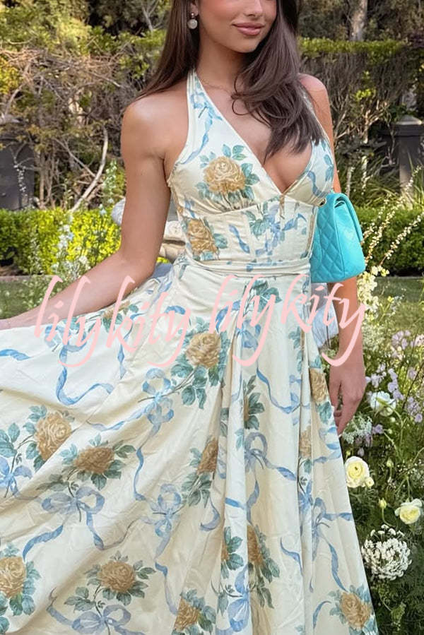 Resort Star Floral Print Waist Halterneck Tie Pocket Midi Dress