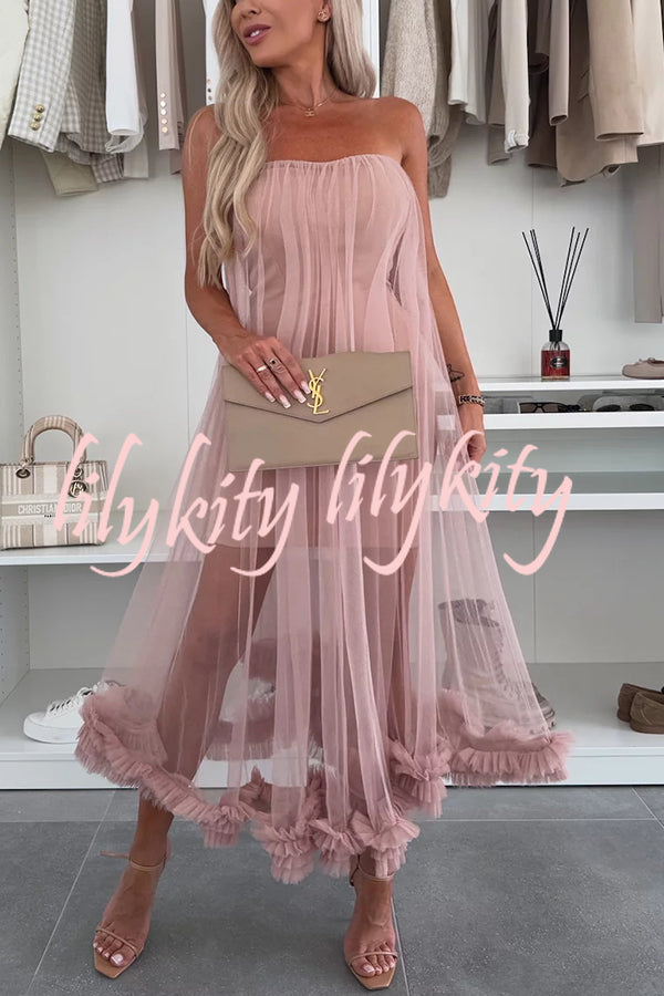 Fairytale Charm Tulle Off Shoulder Ruffles Trim A-line Midi Dress