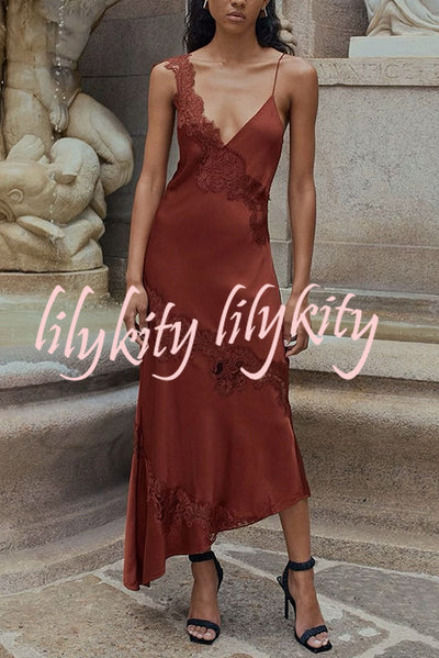 Sexy Lace Stitching Suspender V-neck Asymmetrical Maxi Dress