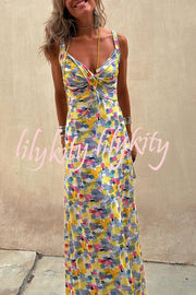 Flora Watercolor Print Crossover Neck Wide Straps Stretch Maxi Dress