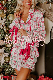 Christmas Dreaming Satin Santa Print Velvet Trim Elastic Waist Pocketed Pajama Shorts Set