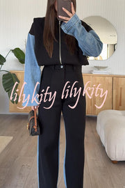 Sports Fashion Denim Patchwork Sweatshirt Fabric High Rise Pocket Loose Pants