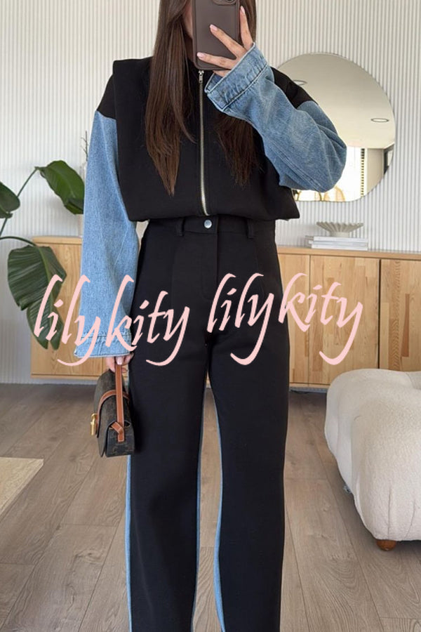 Sports Fashion Denim Patchwork Sweatshirt Fabric High Rise Pocket Loose Pants