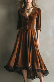 Fashionable Velvet and Lace Patchwork V-neck Button Midi Dress