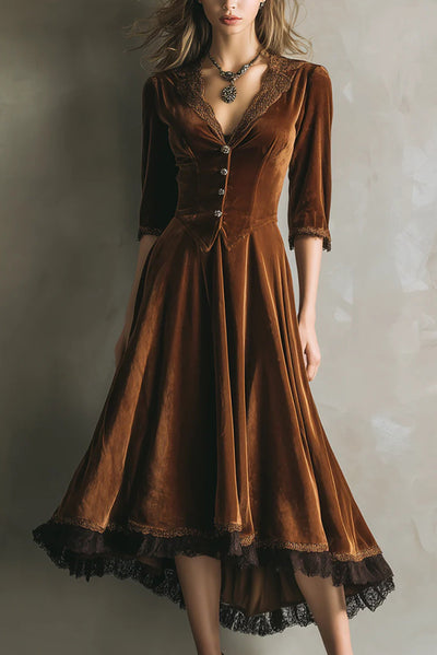Fashionable Velvet and Lace Patchwork V-neck Button Midi Dress