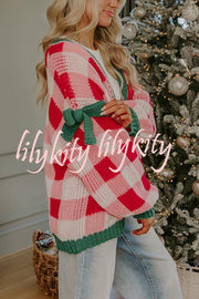 Holiday Cozy Checkered Knit Color-blocked Plaid Bow Long-sleeved Cardigan
