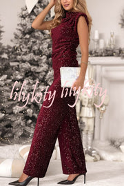 Stylish Sparkly Velvet Sequin Sleeveless Pleated Top and Casual Wide-leg Pants Set